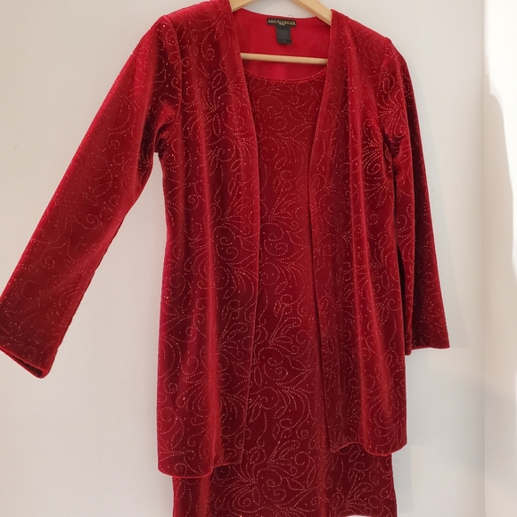 SOCIAL CIRCLES 4P Red Velour Sparkle Long Sleeve Dress *Faux 2-Pc* Retro 80s 90s - Picture 15 of 15